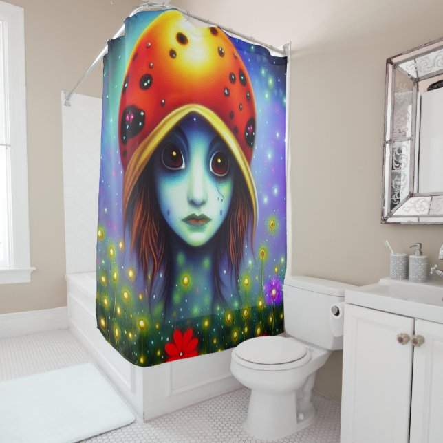 Girl with ladybug hat shower curtain (In Situ)