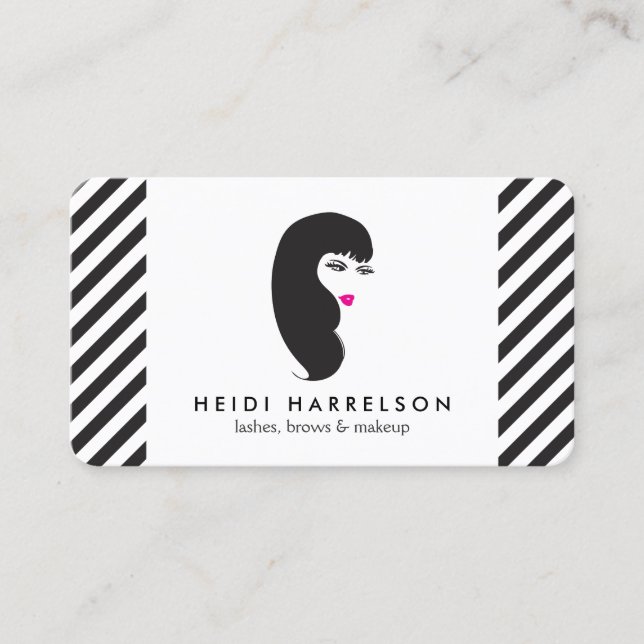 Girl with Lashes Black and White Stripes Beauty Business Card (Front)