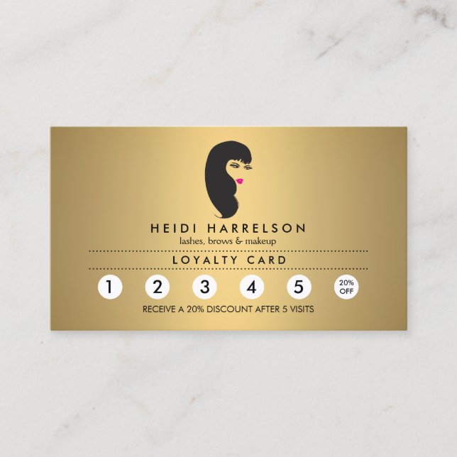 Girl with Lashes Faux Gold Salon Loyalty Card (Front)