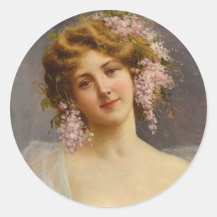 Girl with Lilacs, Achille Beltrame Art  Classic Round Sticker