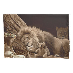 Girl with Lion and Teddy Bear Pillowcase