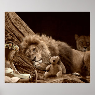 Girl with Lion and Teddy Bear Poster