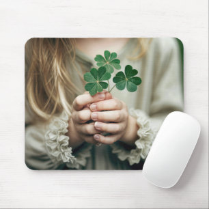 Girl With Lucky Clovers Mouse Mat