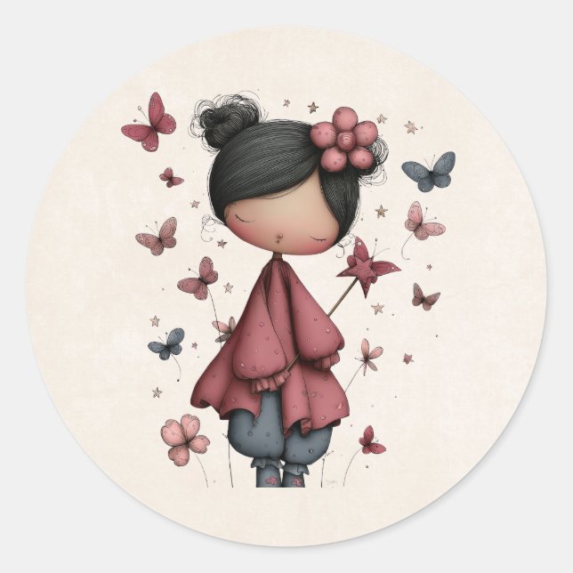 Girl with Magic Wand and Butterflies Classic Round Sticker (Front)