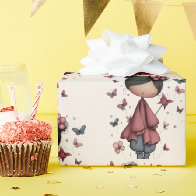 Girl with Magic Wand and Butterflies Pattern Wrapping Paper (Birthday Party)
