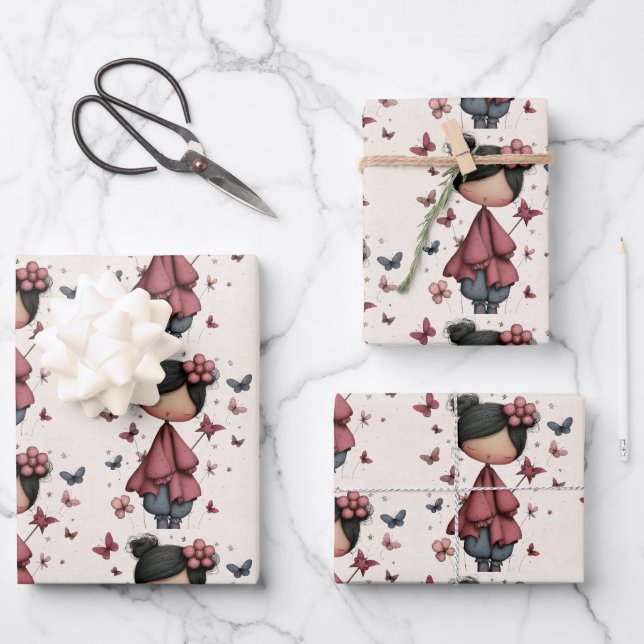 Girl with Magic Wand and Butterflies Pattern Wrapping Paper Sheet (Front)