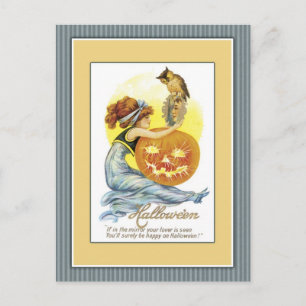 Girl with mirror, pumpkin and owl postcard