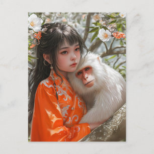 Girl with Monkey Chinese Zodiac Art Postcard