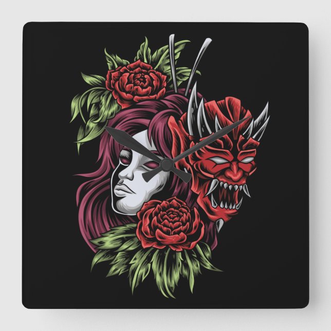 Girl With Oni Mask Square Wall Clock (Front)