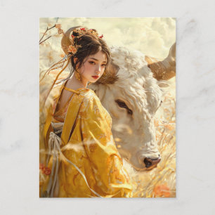 Girl with Ox Chinese Zodiac Art Postcard
