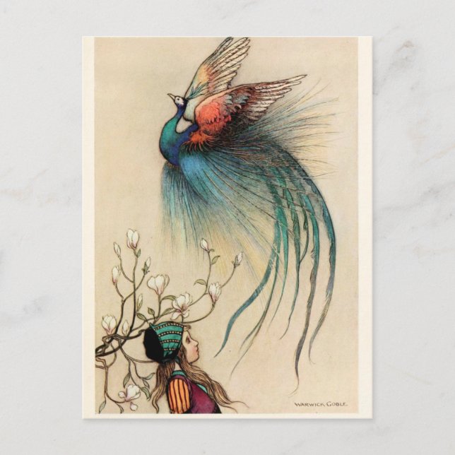 Girl with Peacock vintage painting Postcard (Front)