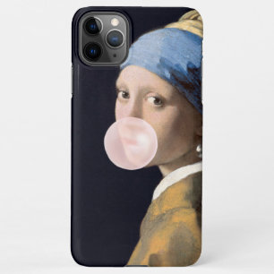 Girl with pearl earing blowing pink bubble gum iPhone 11Pro max case