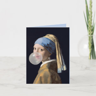 Girl with pearl earring blowing a bubble gum card