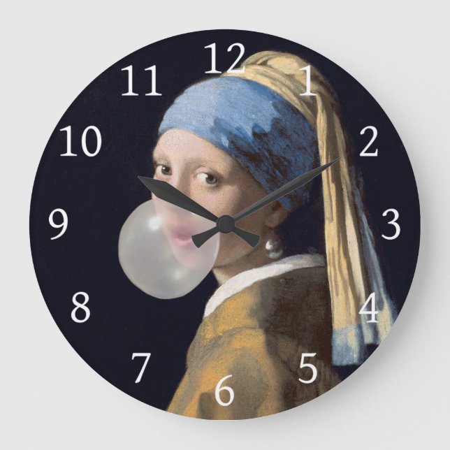 Girl with pearl earring blowing a bubble gum large clock (Front)