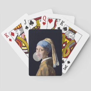 Girl with pearl earring blowing a bubble gum playing cards
