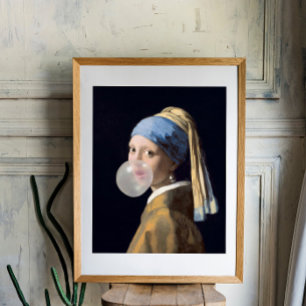 Girl with pearl earring blowing a bubble gum poster
