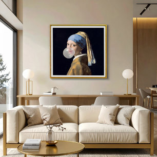Girl with pearl earring blowing a bubble gum poster