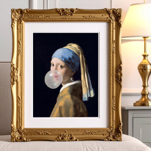 Girl with pearl earring blowing a bubble gum poster