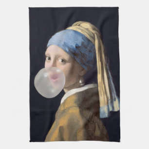 Girl with pearl earring blowing a bubble gum tea towel