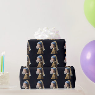 Girl with pearl earring blowing a bubble gum wrapping paper