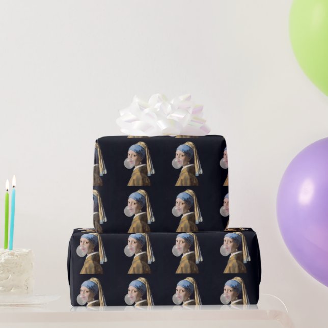 Girl with pearl earring blowing a bubble gum wrapping paper (Party Gifts)