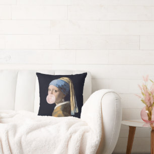 Girl with Pearl Earring blowing pink bubble gum Cushion