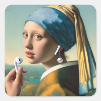 Girl with Pearl Earring with earphones Square Sticker
