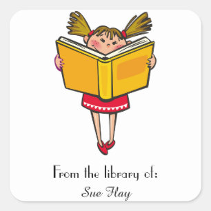 Girl With Pigtails and Red Dress Reading Bookplate Square Sticker