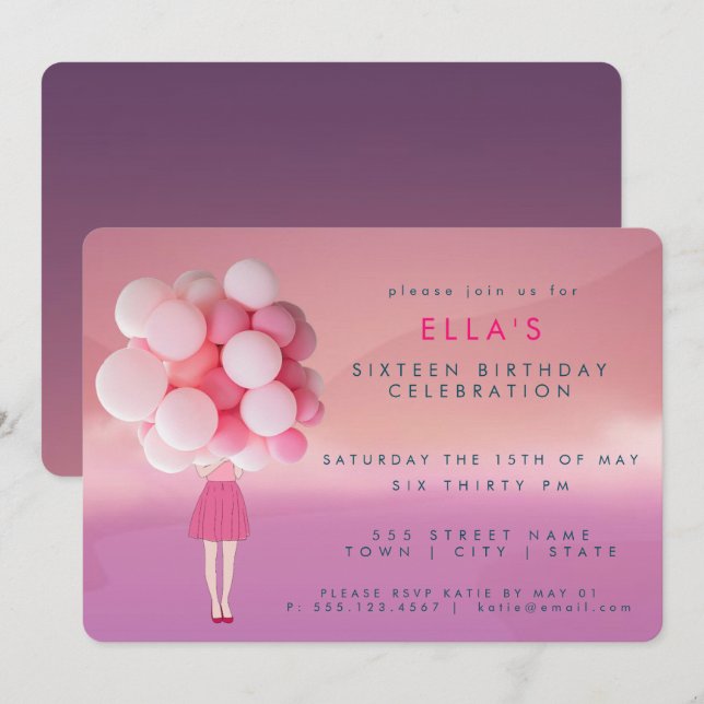 Girl with Pink Balloons | Party Invitation (Front/Back)