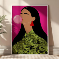 Girl with Pink Bubblegum Illustration Funky Art 