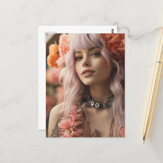 Girl with Pink Hair & Flowers Postcard