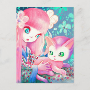 Girl With Pink Hair in Kimono With Kawaii Cat Postcard