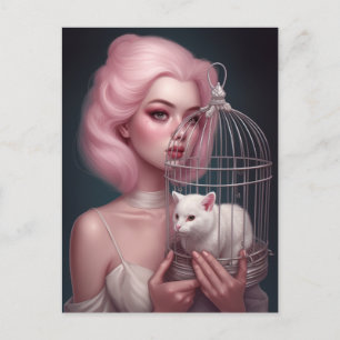 Girl with Pink Hair White Cat in Birdcage Postcard