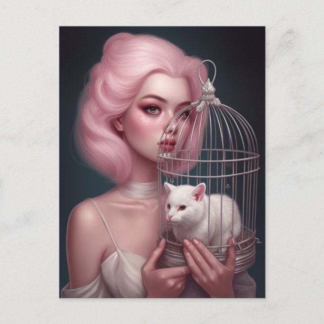 Girl with Pink Hair White Cat in Birdcage Postcard (Front)