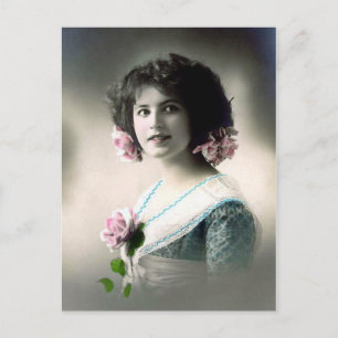 "Girl with Pink Roses" Vintage Postcard
