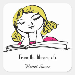 Girl With Polka Dot Dress Reading Bookplate Square Sticker