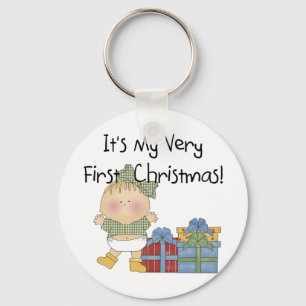 Girl with Presents 1st Christmas Tshirts and Gifts Key Ring