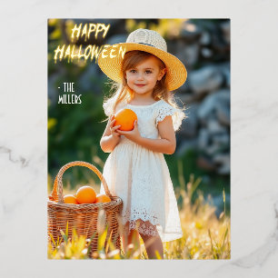 Girl with Pumpkin Basket Halloween Foil Invitation Postcard
