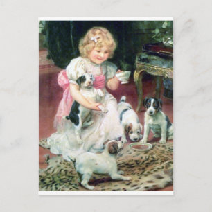 Girl with Puppies Antique painting Postcard
