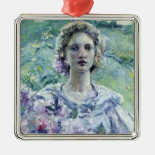 Girl with Purple Flowers (by Robert Reid) Metal Tree Decoration