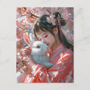 Girl with Rabbit Chinese Zodiac Art Postcard
