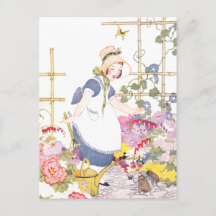Girl with Rake and Watering Can in Flower Garden Postcard