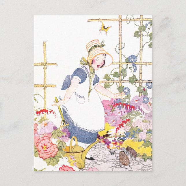 Girl with Rake and Watering Can in Flower Garden Postcard (Front)
