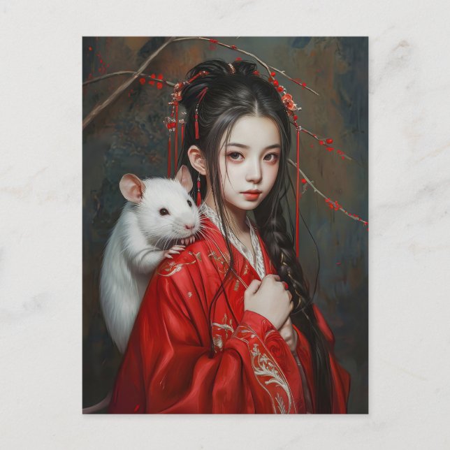 Girl with Rat Chinese Zodiac Art Postcard (Front)