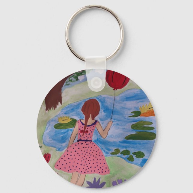 Girl With Red Balloon Button Key Ring (Front)