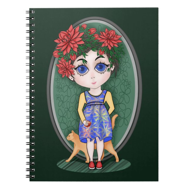 Girl with red cat and apple. Chibi Style.  Notebook (Front)