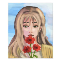 Girl with Red Flowers Handdrawn Digital Art