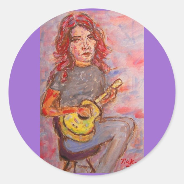 girl with red hair and ukulele classic round sticker (Front)