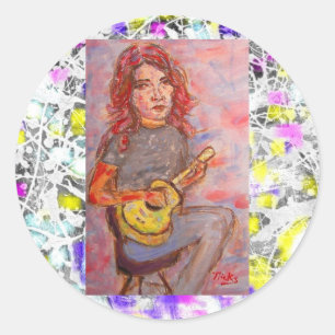 girl with red hair and ukulele drip classic round sticker
