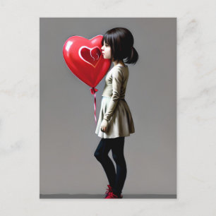 Girl with red heart balloon postcard